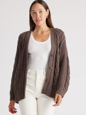 Quince 100% Organic Cotton Oversized Cable Knit Cardigan Small Heather Brown